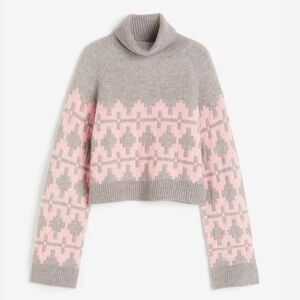 H & M Jacquard-Knit Turtleneck Cropped Sweater Pink Gray Patterned Women's Sz XS
